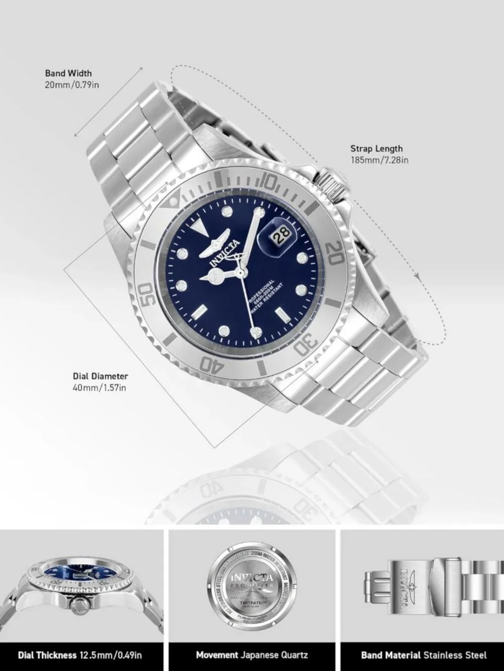 Men's 40mm Pro Diver Watch - Blue Dial, Silver Tone Stainless Steel, Water